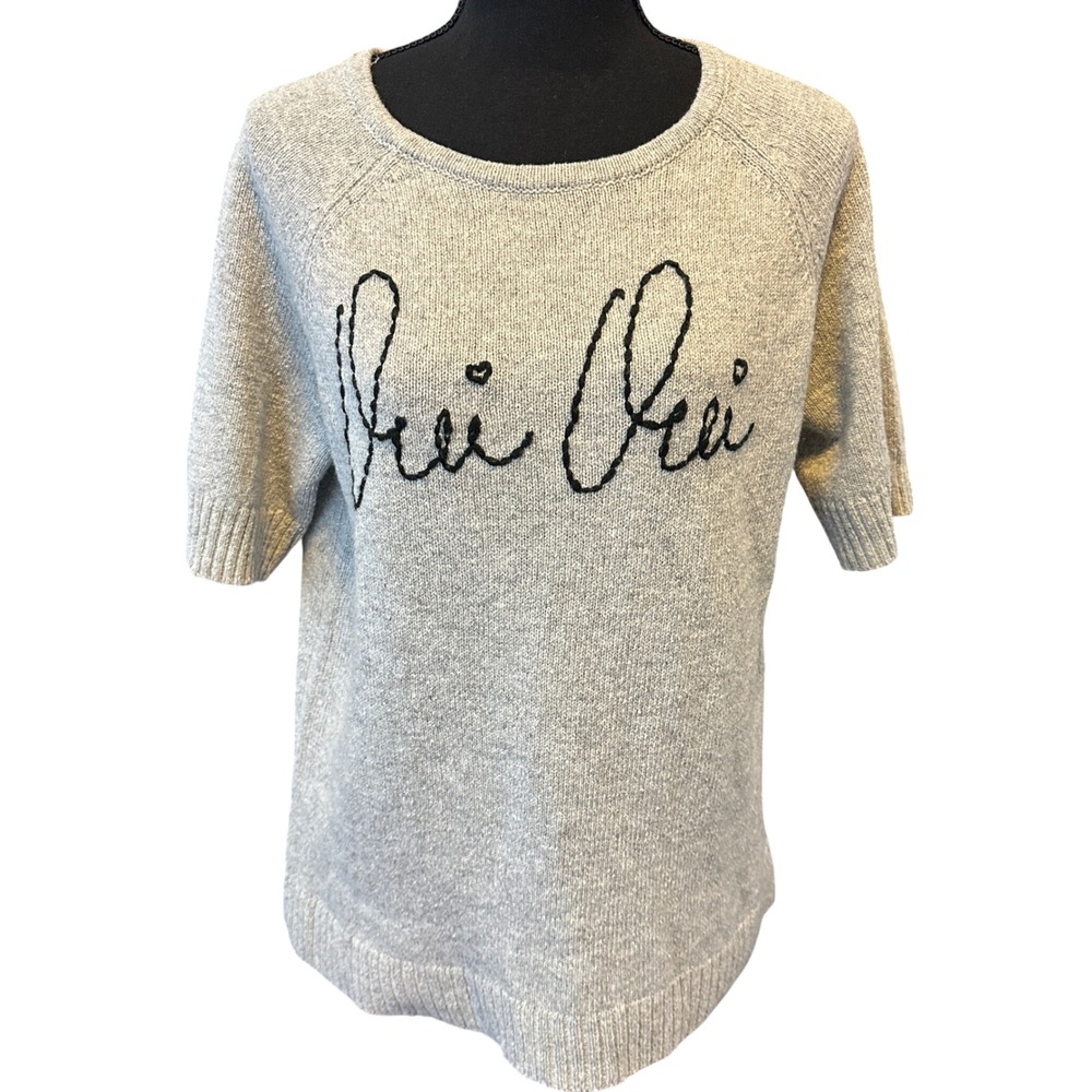 ELLE Womens Oui Oui Embroidered Short Sleeve Sweater Gray Cotton Blend XL French